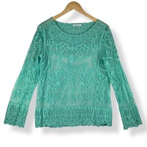 Turquoise Sheer Embroidered Mesh Lace Top Womens Size Medium Mermaid Fairy Boho